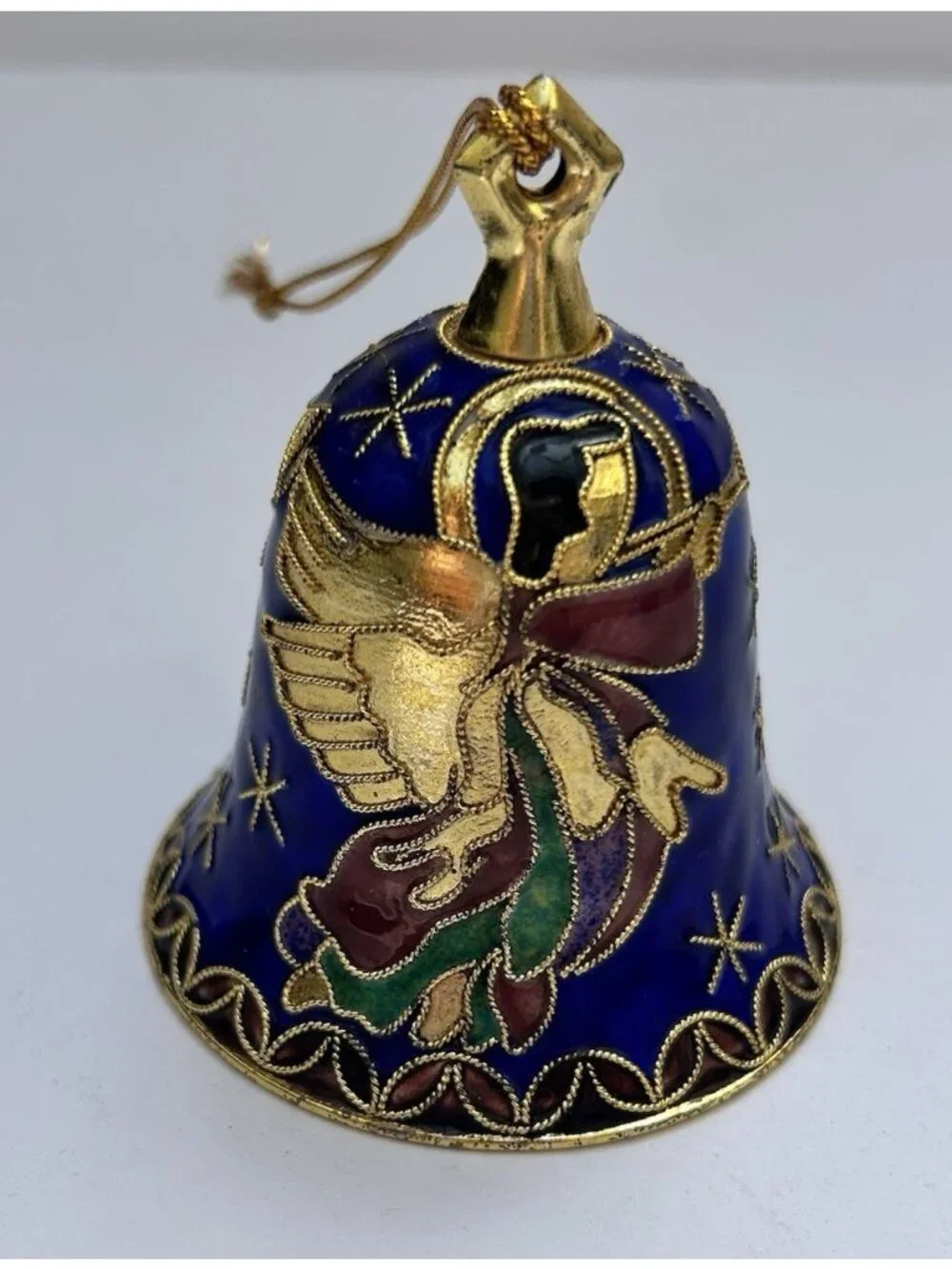 Vintage Enamel Cloisonne Bell Ornament Angel Blue Goldtone Collectible Christmas